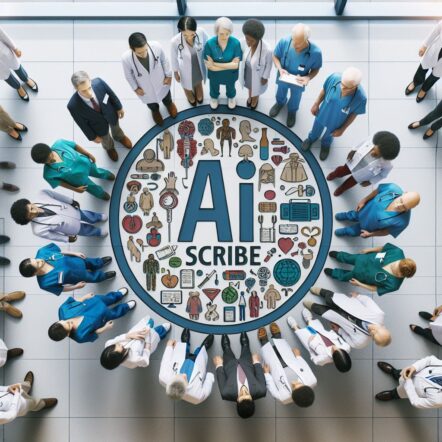 AI Scribe text in centre, surrounded by representations of multidisciplinary teams including doctors